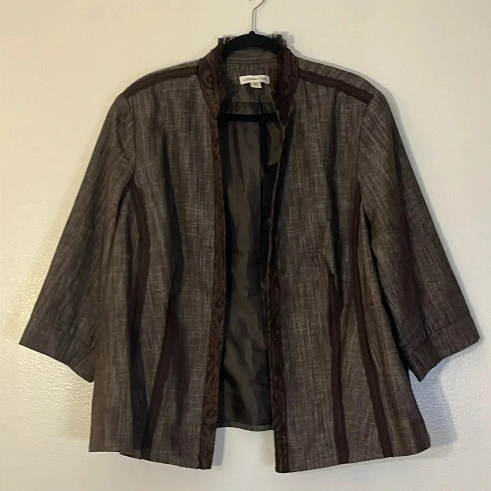 Coldwater Creek | Brown jacket/blazer with lace trim Women’s size 24 linen look - Picture 11 of 11